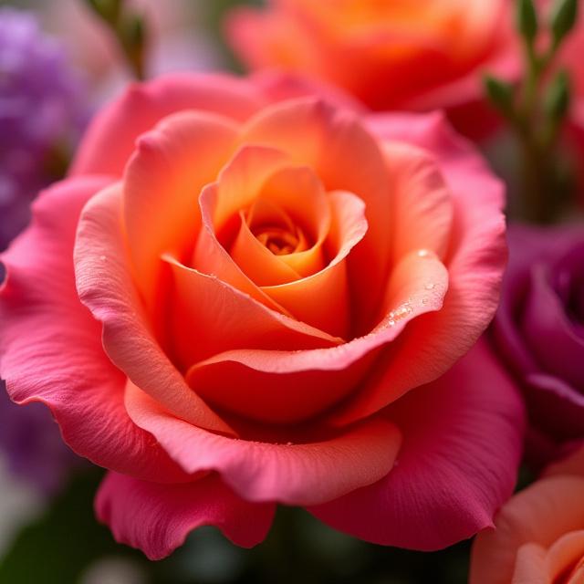 Close-up detail of a bespoke, vibrantly colored floral bouquet