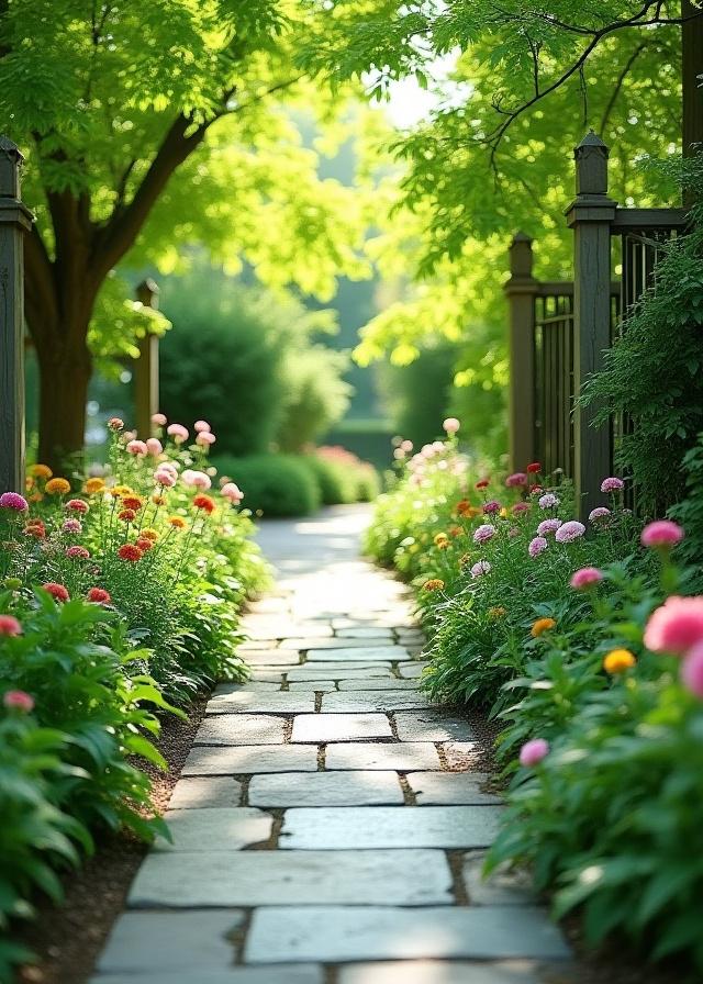 Stone pathway winding through a lush backyard garden in Queens